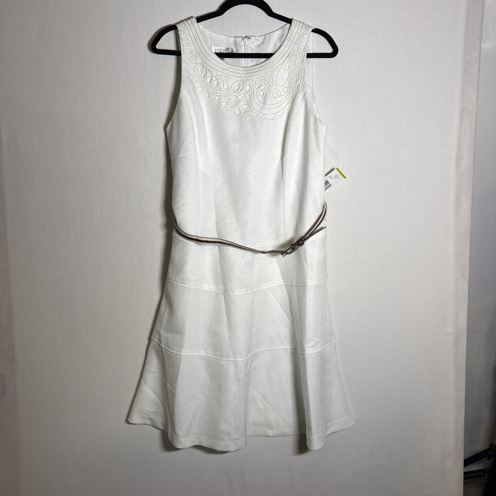 Kasper Womens White Sleeveless Belted Midi Dress Fit & Flare Size 14 Officewear
